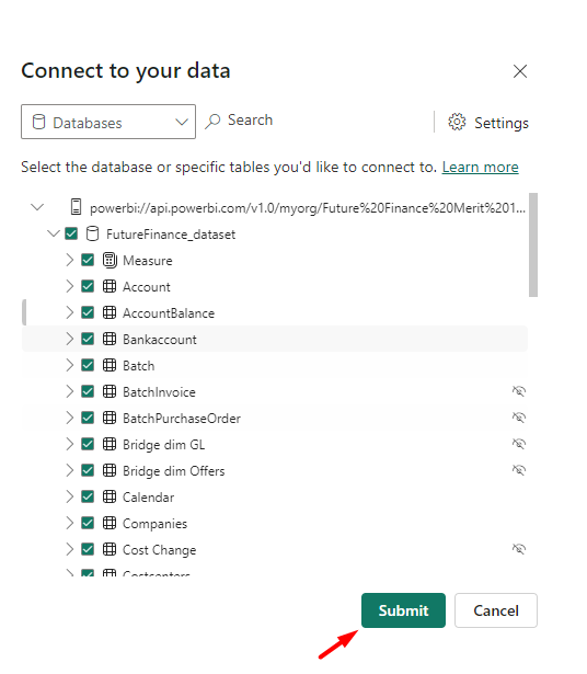 Dialoog Connect to your data: FutureFinance_dataset tabelid on valitud, nool osutab nupule Submit