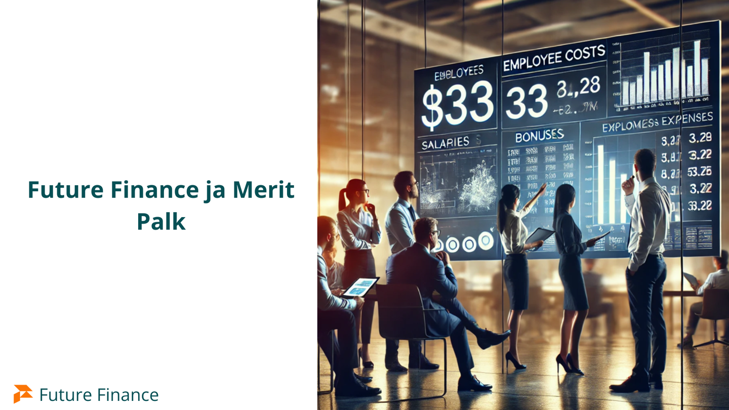 Future Finance ja Merit Palk: inimesed vaatavad suurt ekraani töötajakulude graafikutega