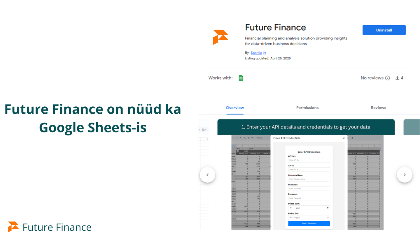 Future Finance on nüüd ka Google Sheets-is: Future Finance’i rakenduse leht Google Workspace Marketplace’is ja API andmete sisestamise aken