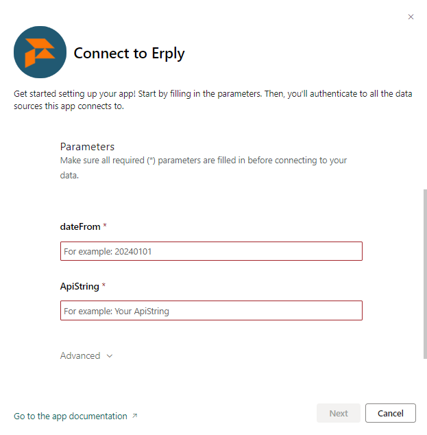 ERPLY Books API autentimise hüpikaken Power BI-s