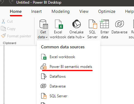 Power BI Desktop: Home, Get data ja valik Power BI semantic models