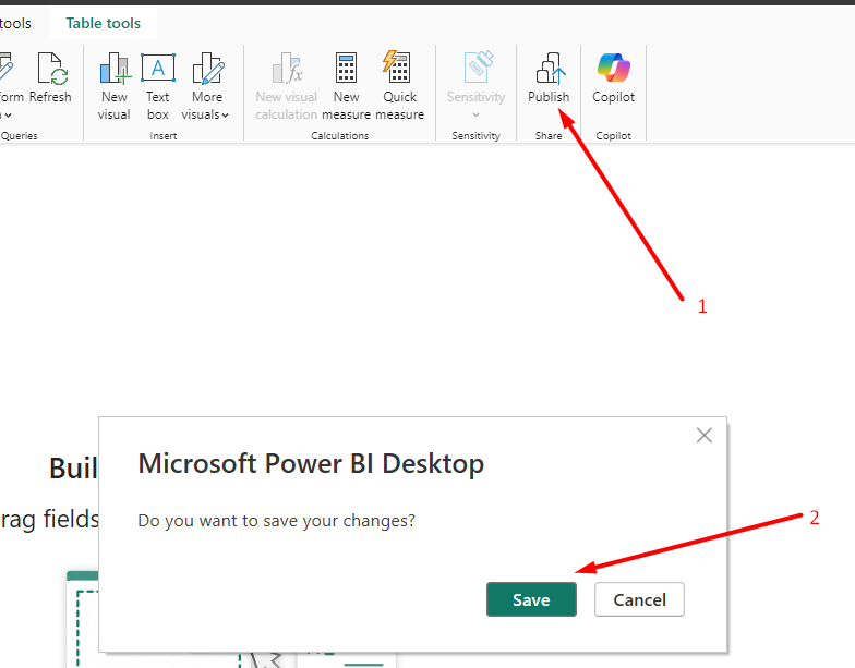 Power BI Desktop: nupp Publish (1) ja salvestamise dialoogis Save (2)