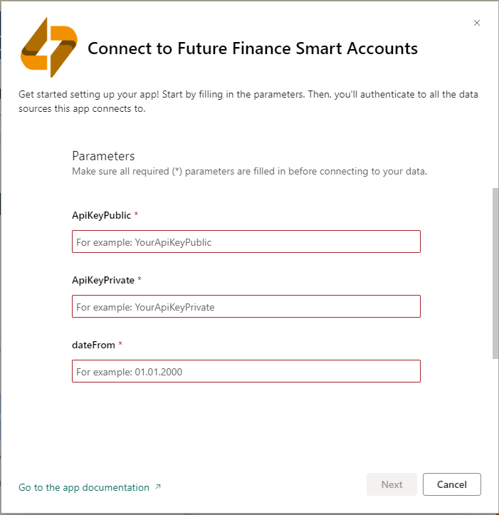 SmartAccounts API autentimise hüpikaken Power BI-s