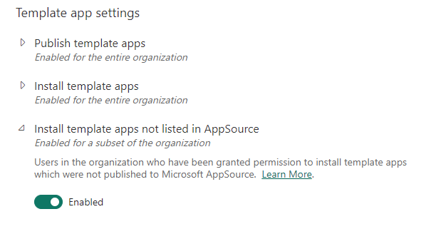 Power BI halduskeskus, mallirakenduste seaded: Install template apps not listed in AppSource on sisse lülitatud (Enabled)
