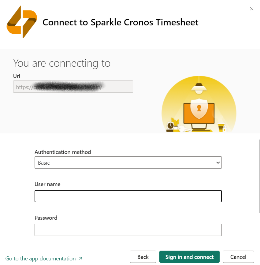 Connect to Sparkle Cronos Timesheet: Basic authentication with user name and password, button Sign in and connect