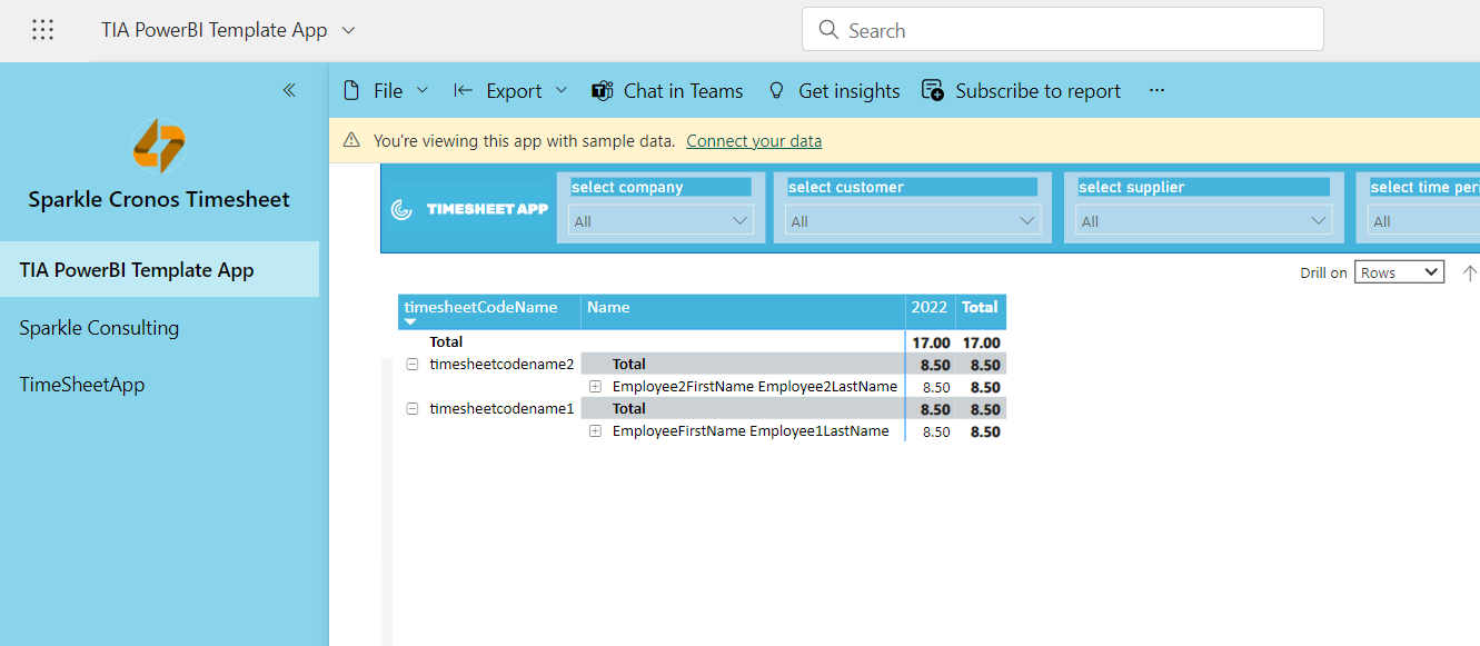 TIA Power BI Template App with sample data and the Connect your data link